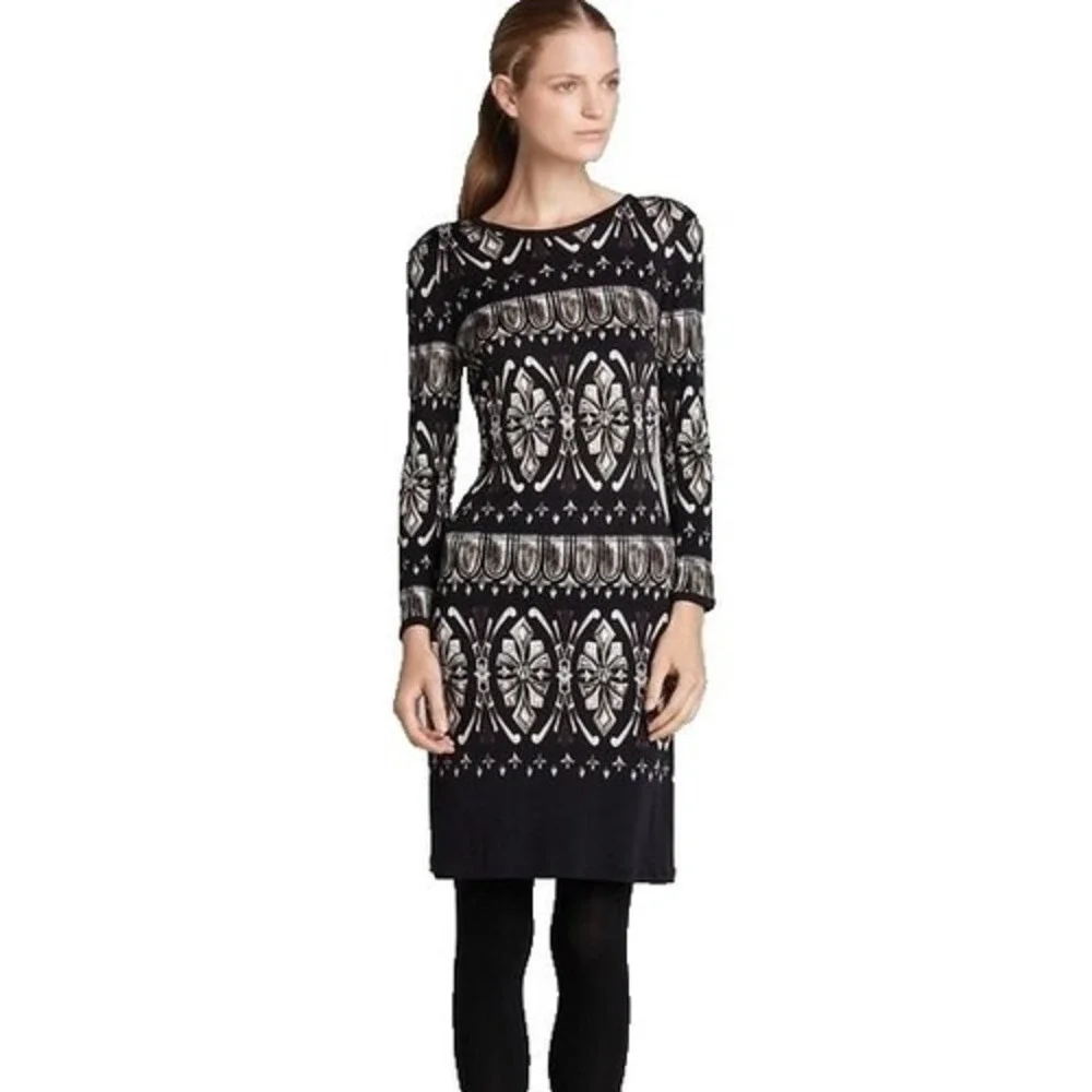 Tory Burch Silk Sheath Dress Womens Small Black‎ White Print Long Sleeve